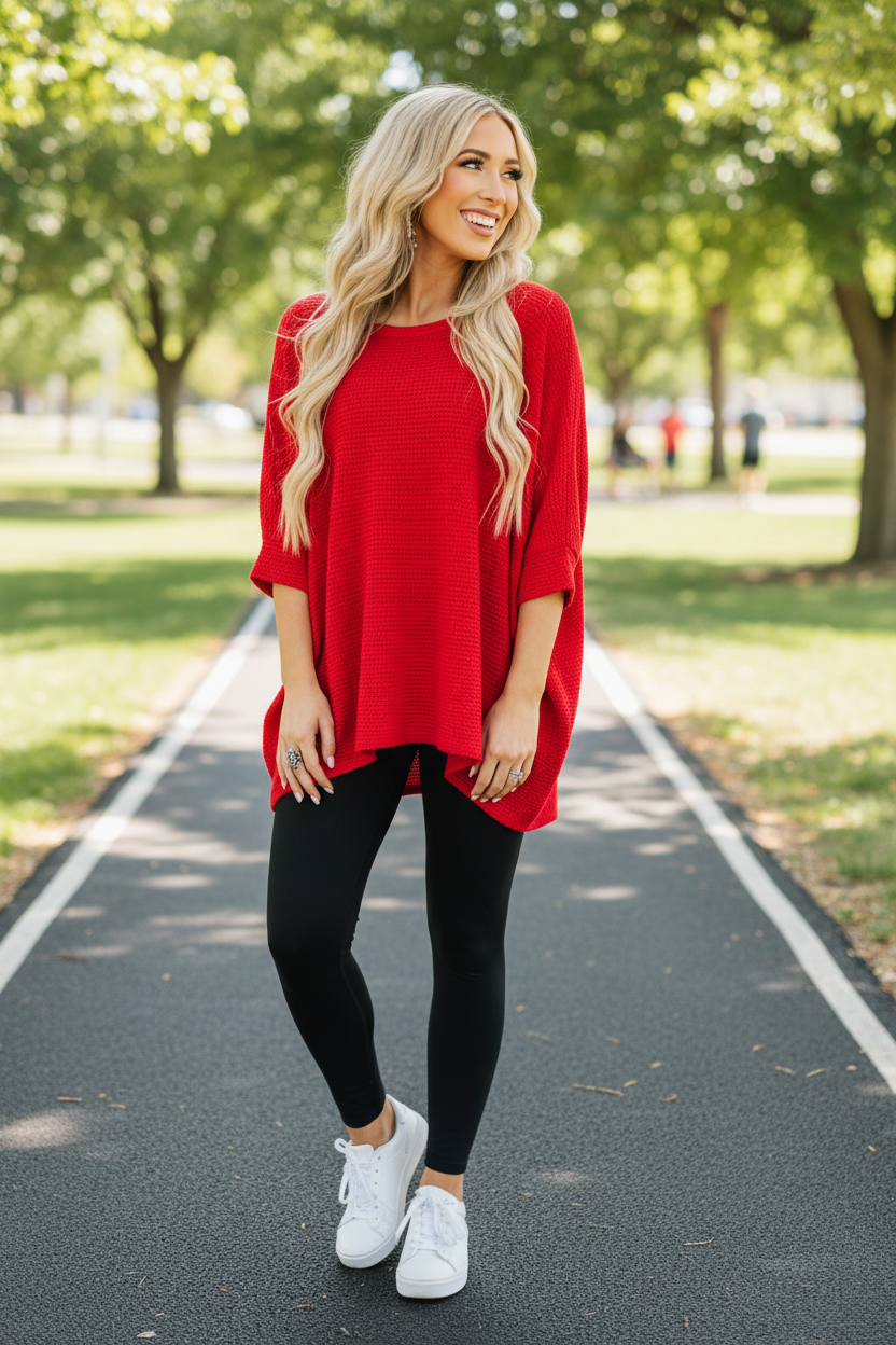 Red Waffle Knit Oversized Tee