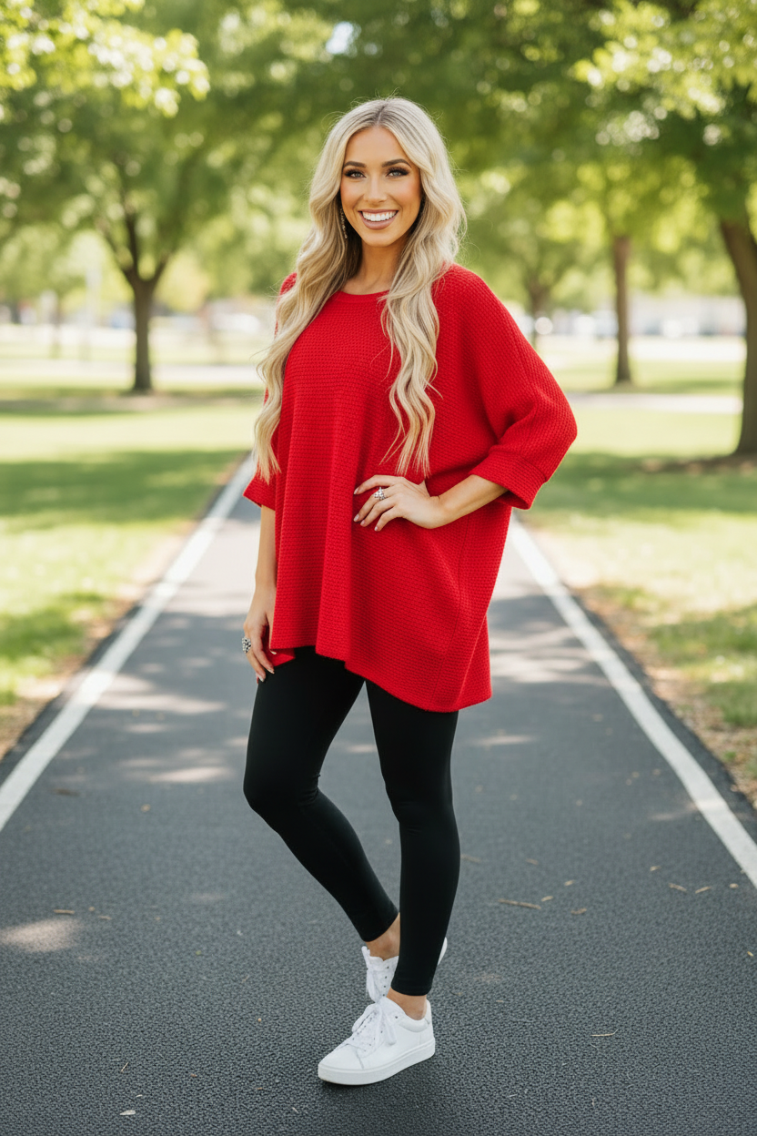 Red Waffle Knit Oversized Tee