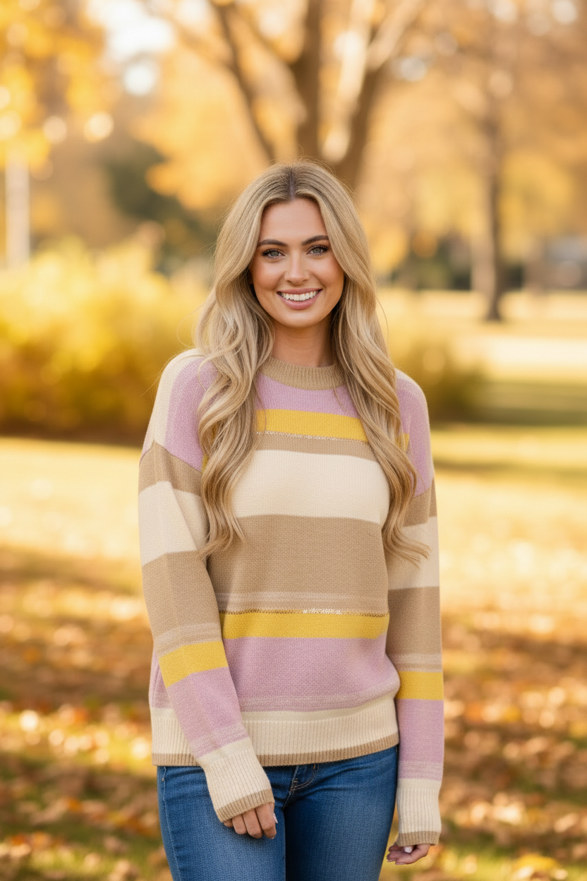 COLORBLOCK STRIPES & SEQUIN PULLOVER SWEATER