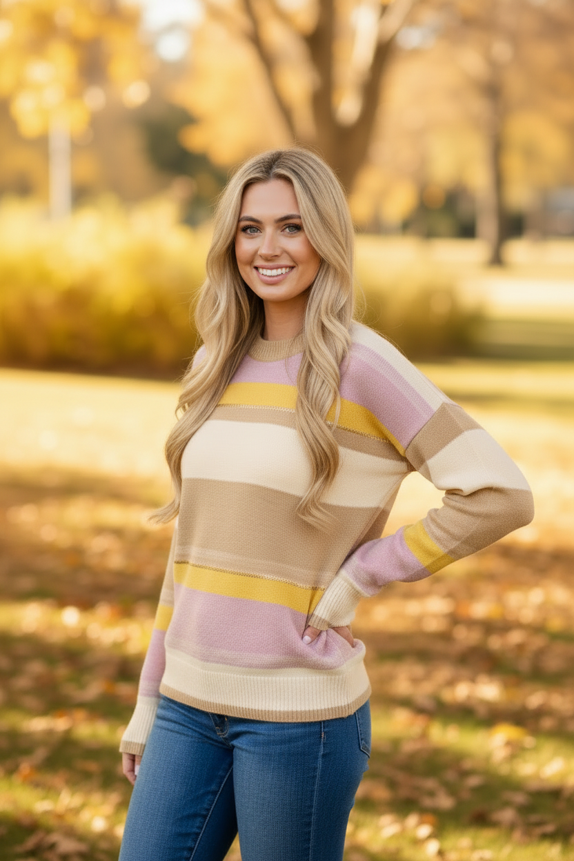 COLORBLOCK STRIPES & SEQUIN PULLOVER SWEATER
