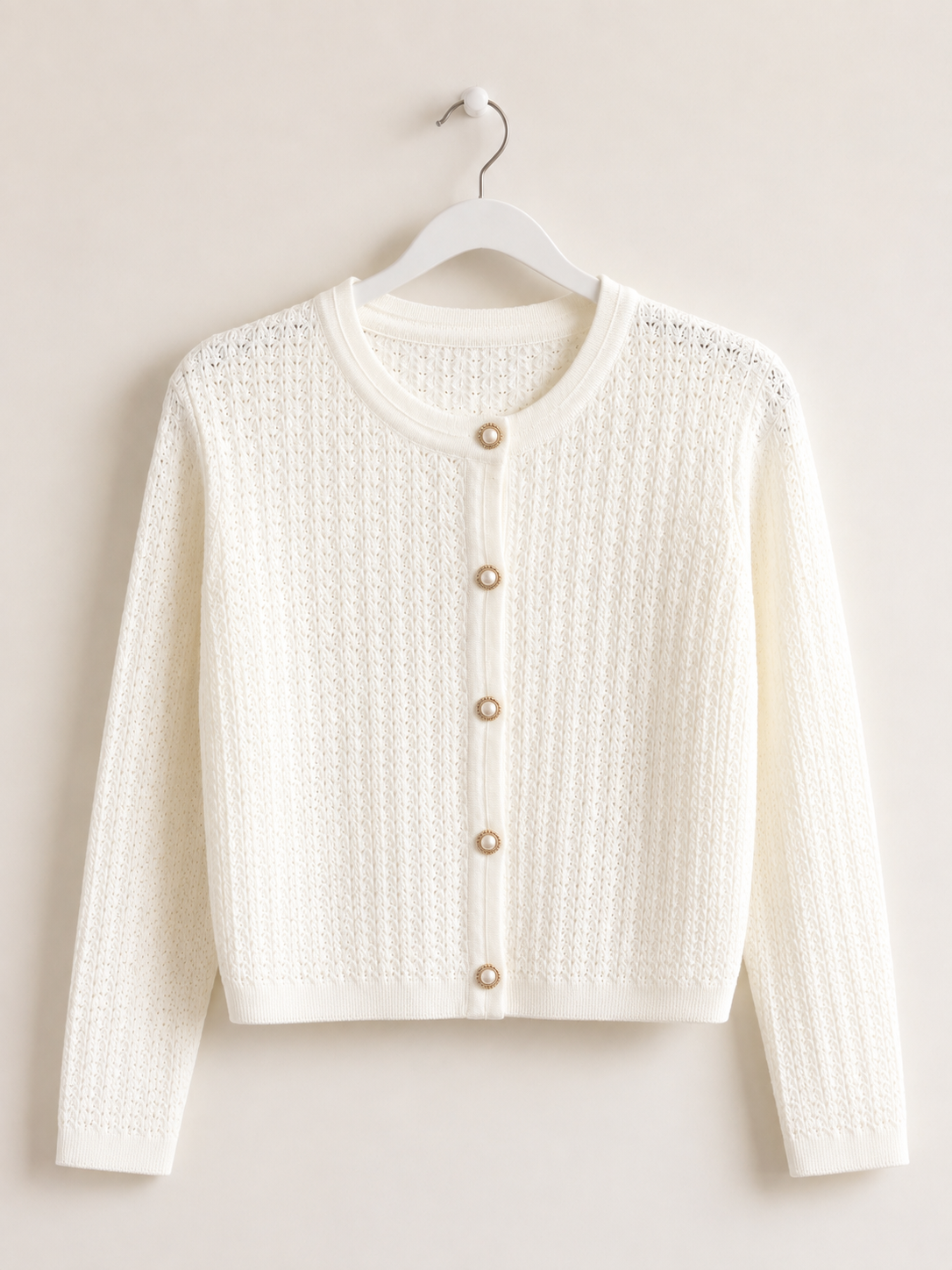 Cream Long Sleeve Pearl Button Sweater