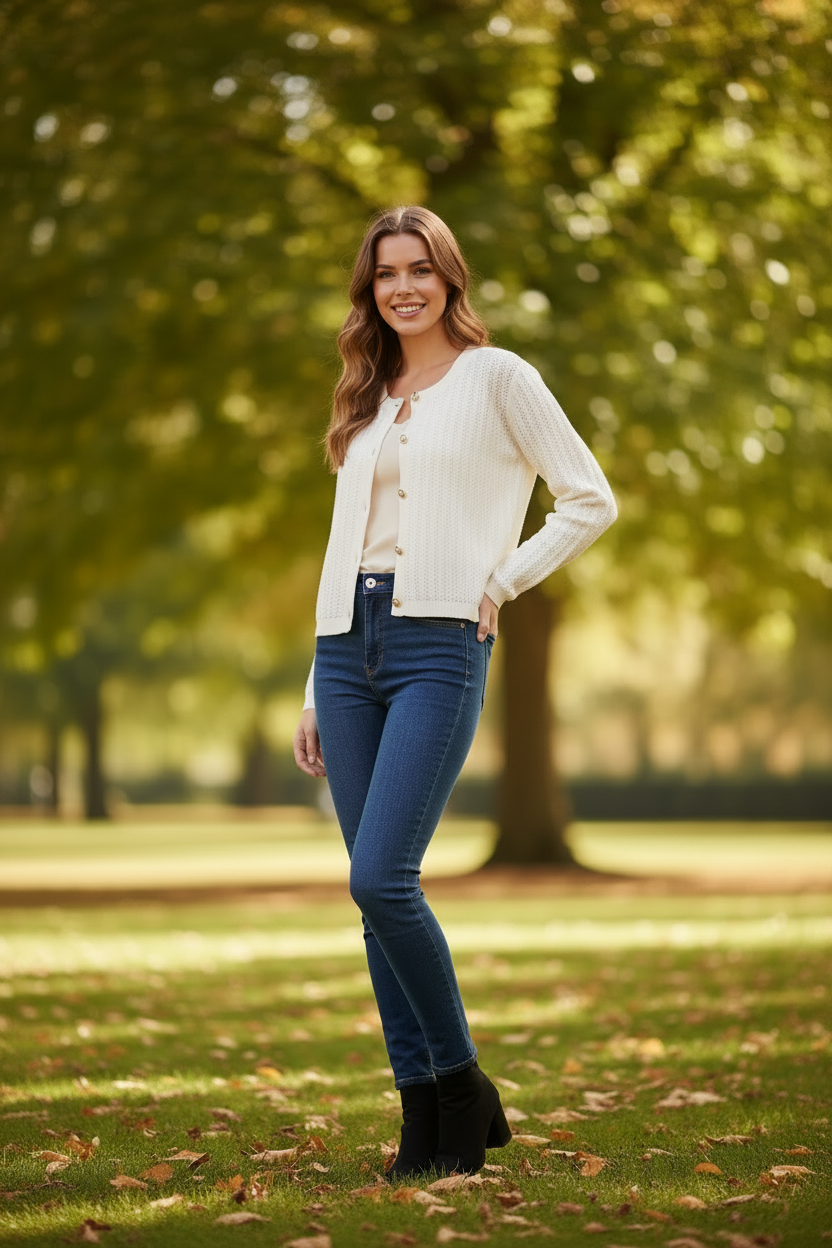 Cream Long Sleeve Pearl Button Sweater