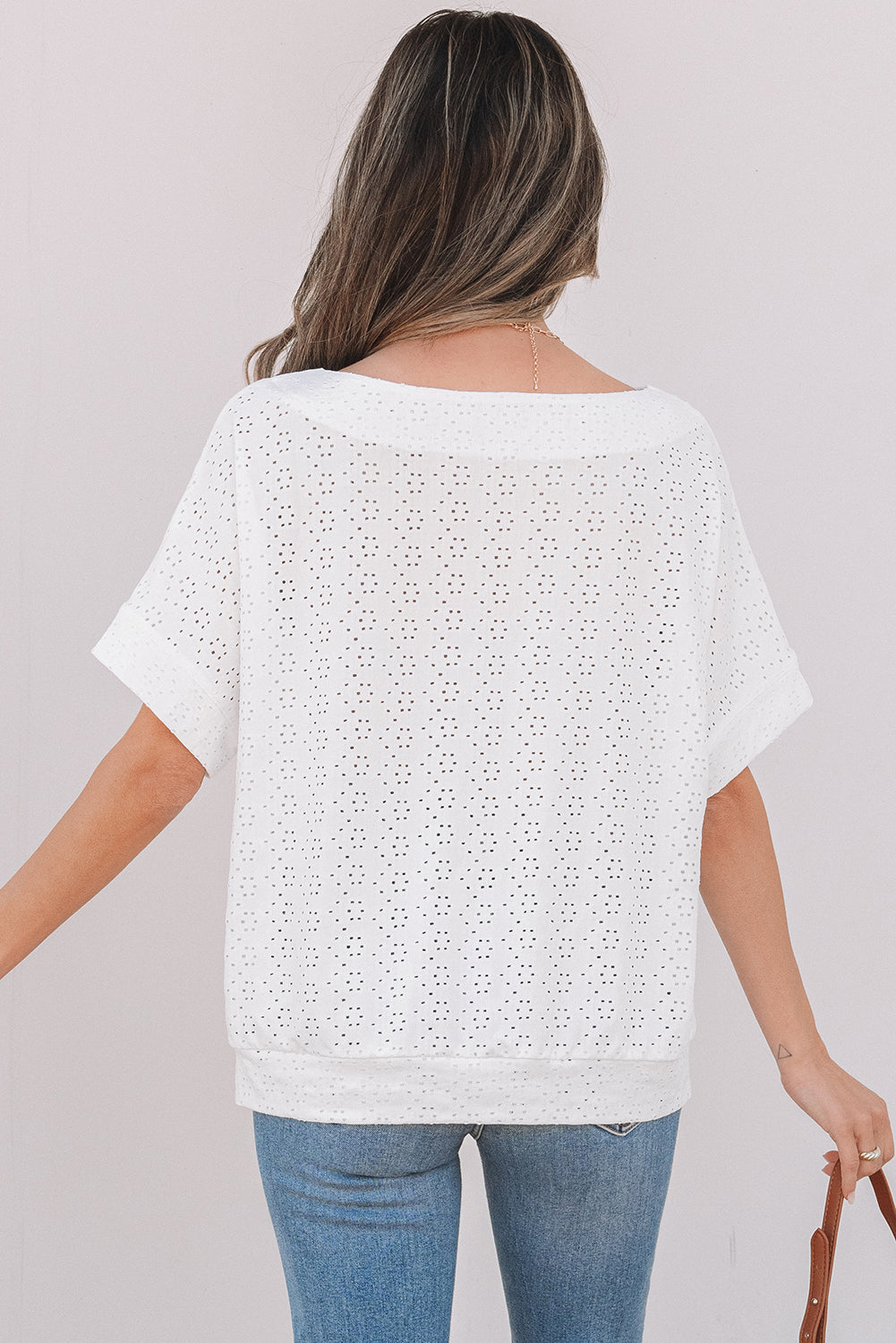 White Eyelit Boat Neck Tee