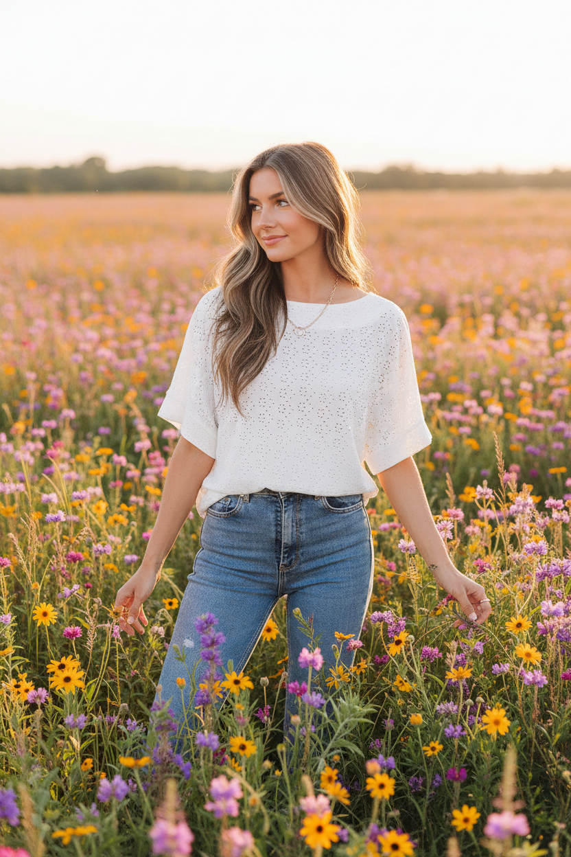 White Eyelit Boat Neck Tee