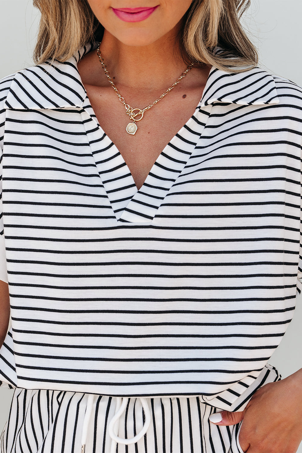 Black Stripe V Neck Short Set