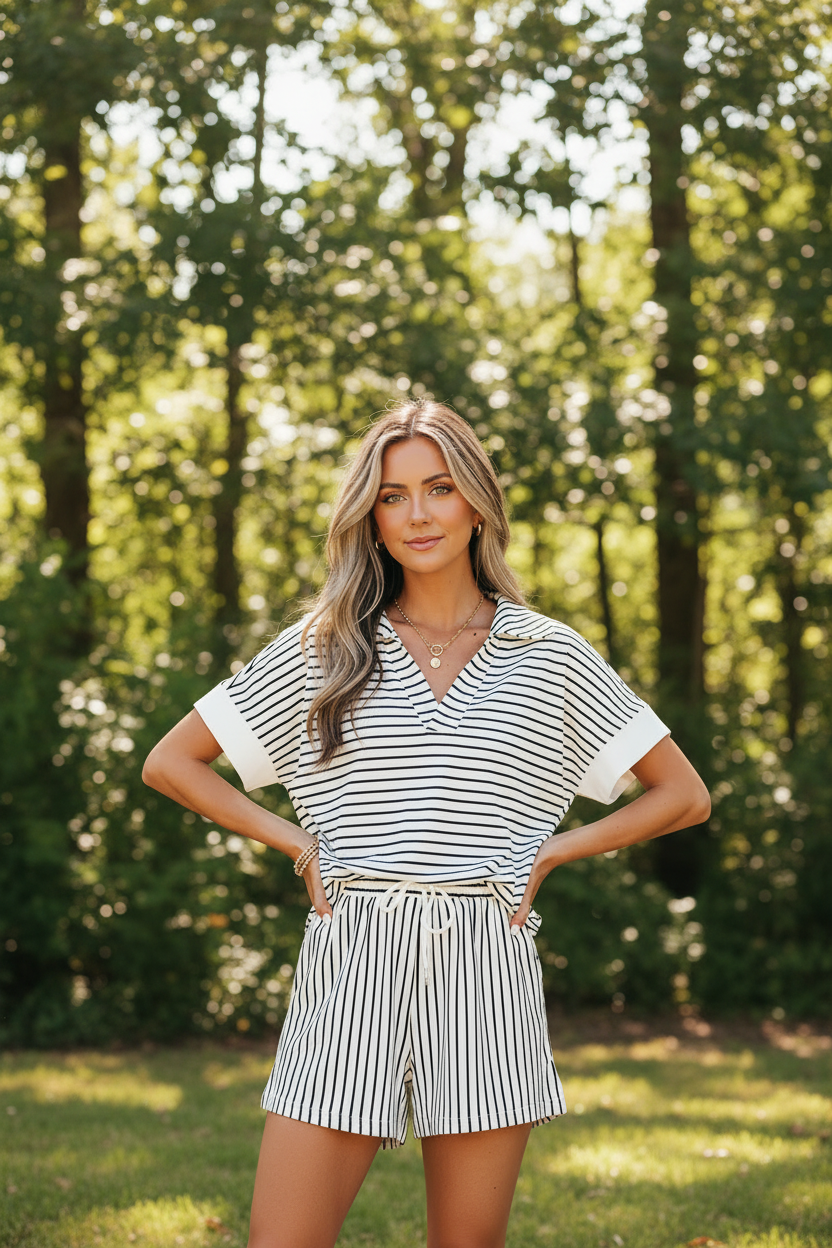Black Stripe V Neck Short Set