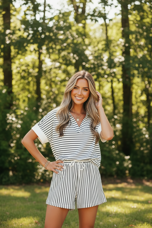 Black Stripe V Neck Short Set